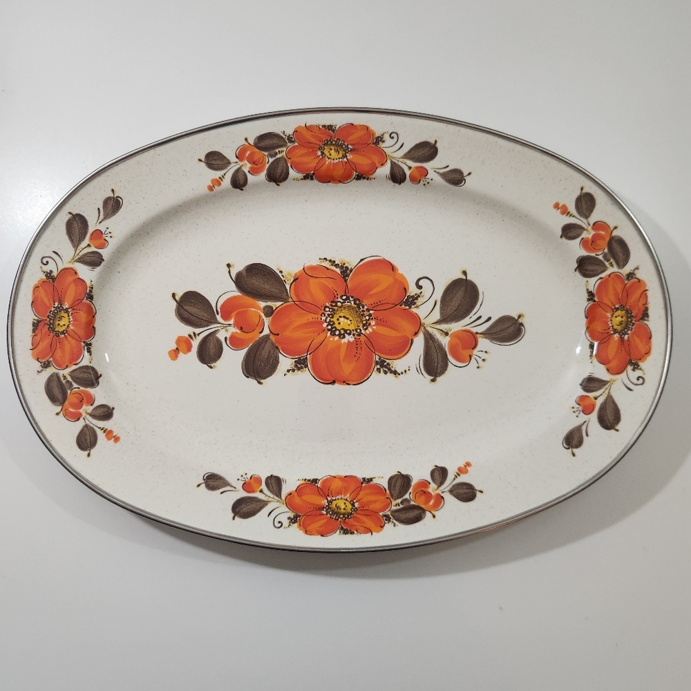Vintage Show Pans Sanko Ware Enamelware PlatterJapan Poppy Flower Orange Brown